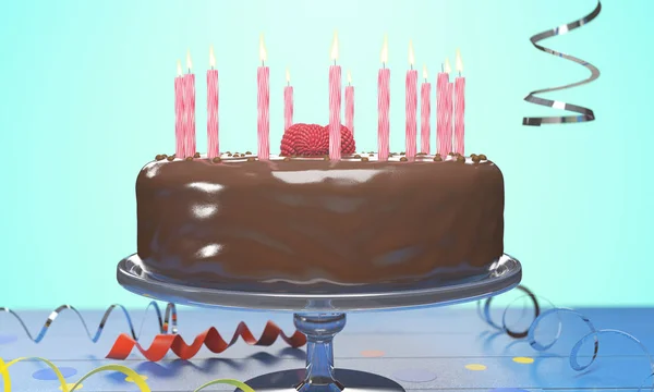 Вкусный праздничный торт со свечами на синем фоне. Концепция празднования. 3D рендеринг — стоковое фото