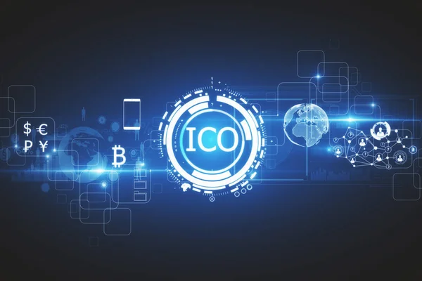 Tombol mata uang digital bersinar abstrak Koin inisial ICO menawarkan pada antarmuka pengguna elektronik virtual. Konsep komersial. Perenderan 3D — Stok Foto