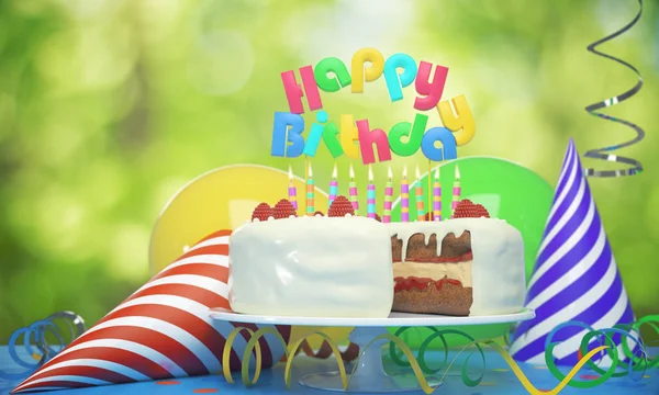 Вкусный праздничный торт со свечами, шляпами и воздушными шарами на размытом фоне. Концепция празднования. 3D рендеринг — стоковое фото