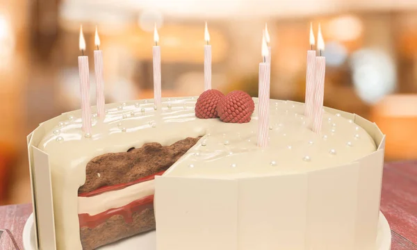 Detailní záběr z lahodné narozeninový dort se svíčkami na rozmazané pozadí. Koncept oslav. 3D vykreslování — Stock fotografie