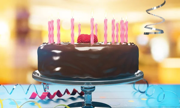 Вкусный праздничный торт со свечами на размытом фоне. Концепция празднования. 3D рендеринг — стоковое фото