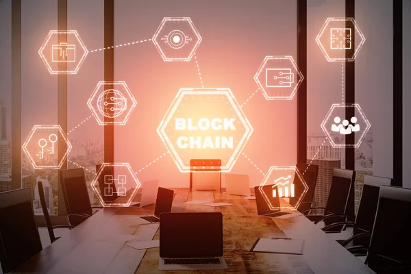 Close up of table with equipment in conference room with digital block chain hologram. Future concept. Double exposure — Stock Photo, Image