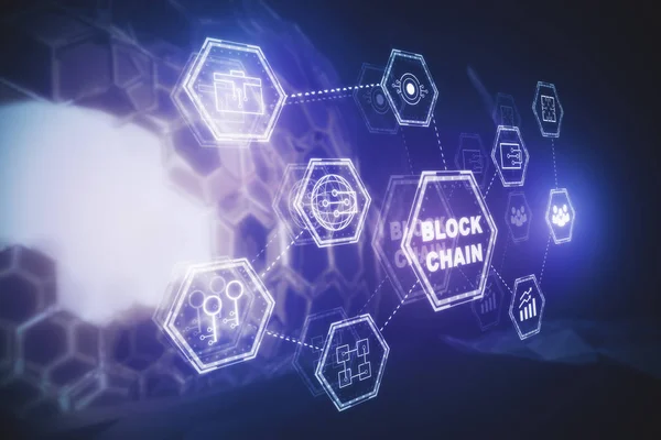 Side view of block chain hologram on blurry pattern background. Technology concept. 3D Rendering — Stock Photo, Image