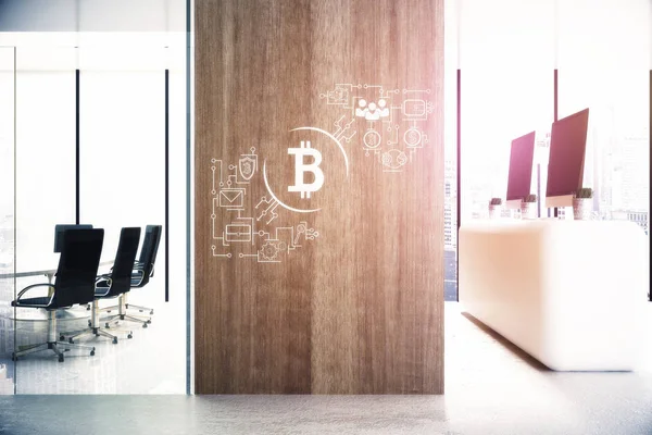 Moderne kantoor interieur met apparatuur, Receptie, uitzicht op de stad en creatieve bitcoin schets op houten muur. Begrip van de markt. 3D-rendering — Stockfoto