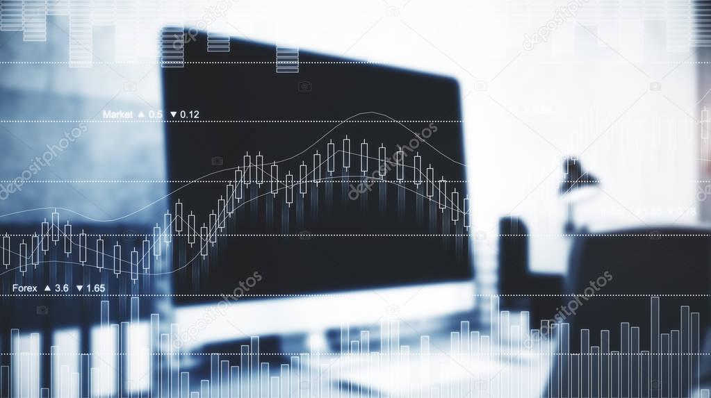 Blurry filtered office workplace with abstract forex chart. Analysis concept. Double exposure 