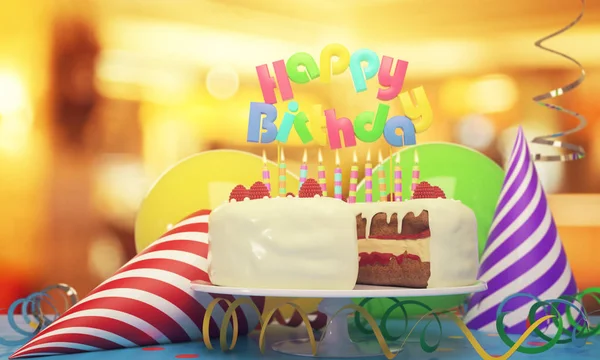 Вкусный праздничный торт со свечами, шляпами и воздушными шарами на размытом фоне. Супер концепция. 3D рендеринг — стоковое фото