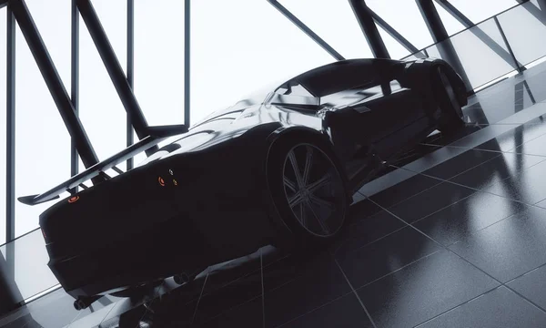 Concepto de carreras. Moderno coche deportivo negro con estilo en el interior del garaje loft almacén con suelo de baldosa, marco de la ventana y la luz del sol. Renderizado 3D —  Fotos de Stock