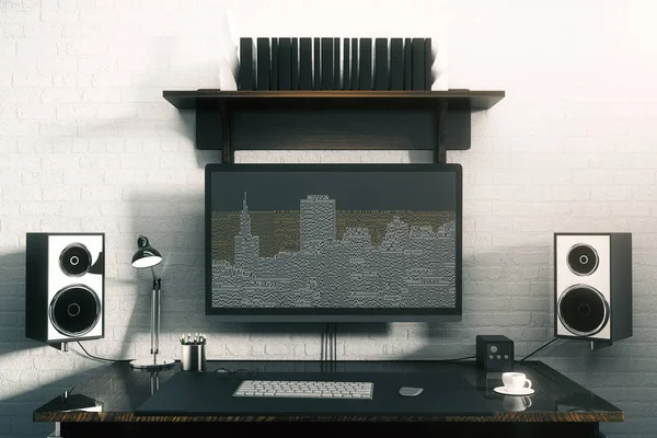 Primer plano del escritorio creativo del diseñador con la ciudad de la placa base en la pantalla del ordenador, taza de café, altavoces y otros artículos en el fondo de la pared de ladrillo blanco. Concepto de Internet. Renderizado 3D —  Fotos de Stock
