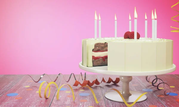 Вкусный праздничный торт со свечами на розовом фоне. Концепция празднования. 3D рендеринг — стоковое фото