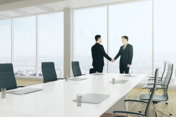 Seitenansicht europäischer Geschäftsleute beim Händeschütteln im modernen Konferenzraum. Teamwork. 3D-Darstellung — Stockfoto