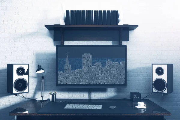 Primer plano del escritorio creativo del diseñador con la ciudad de la placa base en la pantalla del ordenador, taza de café, altavoces y otros artículos en el fondo de la pared de ladrillo blanco. Concepto energético. Renderizado 3D —  Fotos de Stock