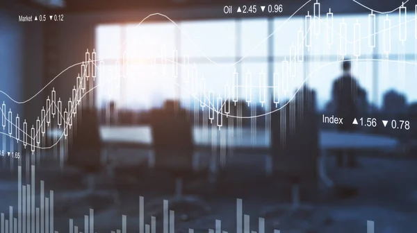 Tankeväckande affärsman i suddiga filtrerade möte rum interiör med abstrakt forex diagram. Marknaden koncept. Dubbel exponering — Stockfoto