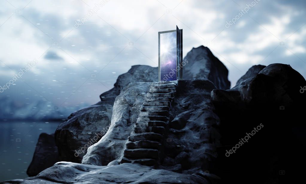 Mountain steps leading to abstract open door with view on sky background. Success concept. 3D Rendering 