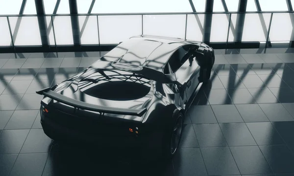 Elegance concept. Modern stylish black sports car in loft warehouse garage interior with tile floor, window frame and sunlight. 3D Rendering