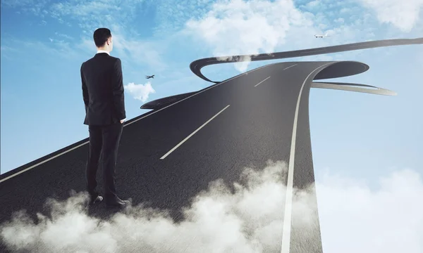 Visão traseira do jovem empresário em pé na estrada céu azul futurista abstrato com nuvens e aviões. Conceito de pesquisa. Renderização 3D — Fotografia de Stock