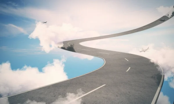 Carretera de cielo abstracta con aviones y luz solar. Concepto de imaginación. Renderizado 3D — Foto de Stock