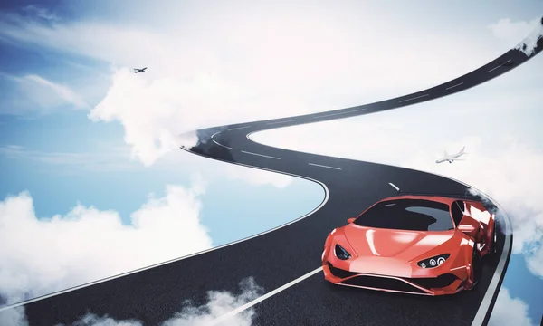 Abstrakte Straße mit Auto und Flugzeug vor strahlend blauem Himmel. Verkehrskonzept — Stockfoto