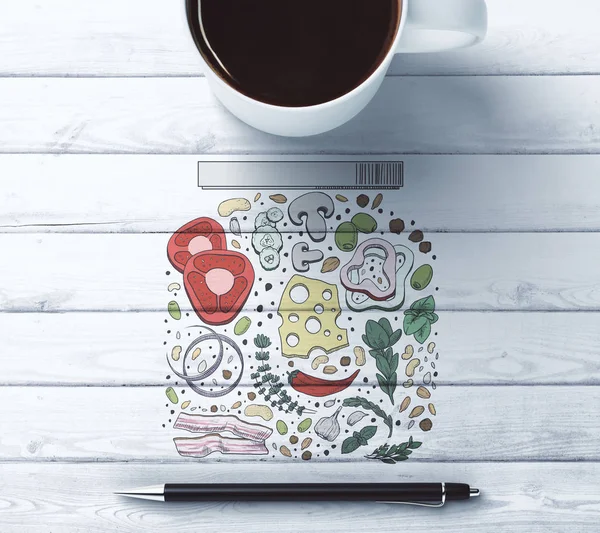 Desktop met voedsel tekening — Stockfoto