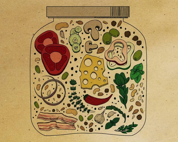 Abstract colorful food jar drawing on brown paper background. Kitchen concept