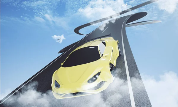 Carretera abstracta con coche y avión sobre fondo de cielo azul brillante. Concepto de imaginación —  Fotos de Stock