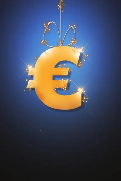 Signo de euro dorado brillante abstracto colgado de una cuerda. Fondo azul. Concepto económico. Renderizado 3D — Foto de Stock