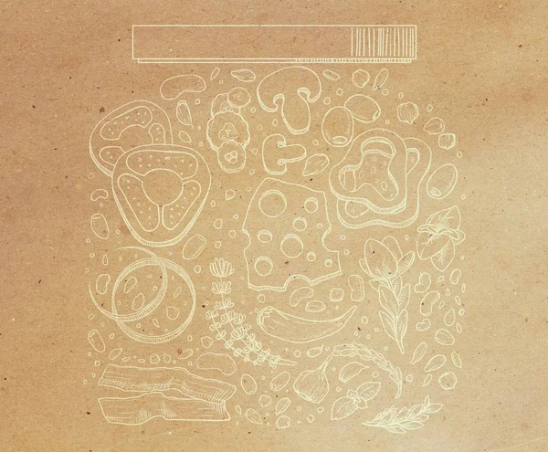 Abstract food jar drawing on brown paper background.