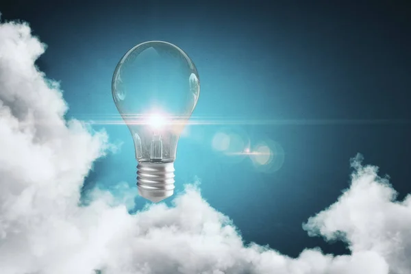 Abstract cloudy sky with glowing lamp. Solution concept. 3D Rendering — Stock Photo, Image