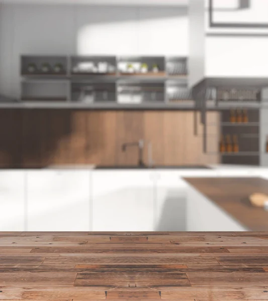 Meja kayu di latar belakang dapur — Stok Foto