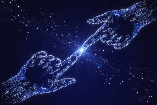 Świecące wielokątne ręce na niebieskim tle — Zdjęcie stockowe