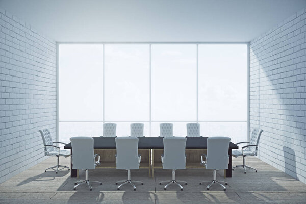 Modern boardroom interior with equipment, blurry panoramic city view and copy space. 3D Rendering