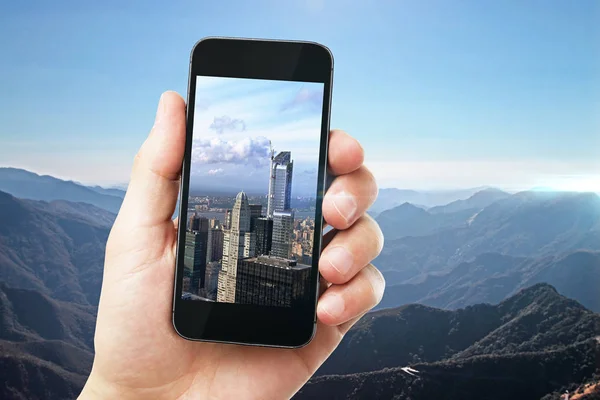 Creative telefon tło krajobraz miasta — Zdjęcie stockowe