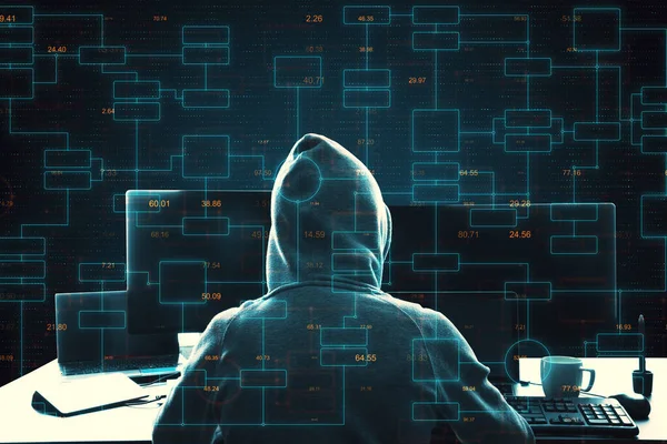 Хакер с помощью блокчейн ноутбука — стоковое фото