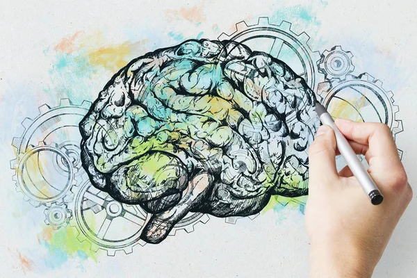 Dibujo a mano cerebro y engranajes — Foto de Stock