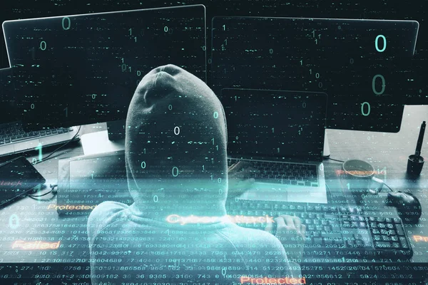 Hacker usando el ordenador portátil w — Foto de Stock