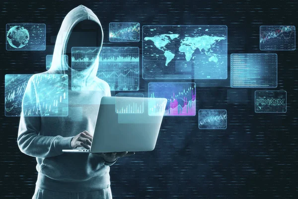 Hacker utilizzando laptop con interfaccia aziendale — Foto Stock