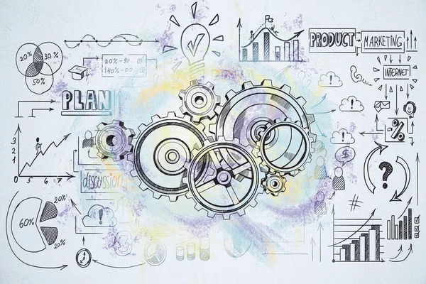 Dibujo cogwheel y boceto de negocio — Foto de Stock