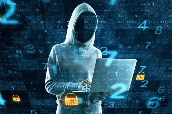 Hacker usando portátil. — Foto de Stock