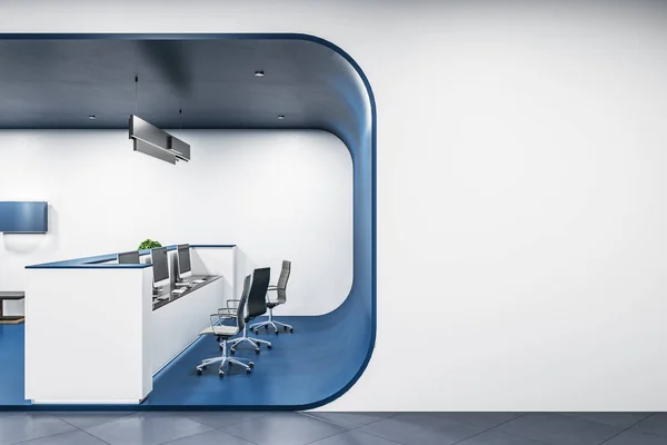 Blue futuristic hotel interior with computer