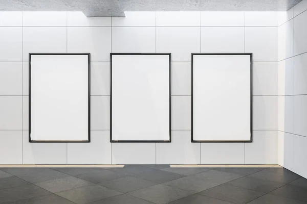 Contemporary concrete gallery interior with three empty banner. — 스톡 사진
