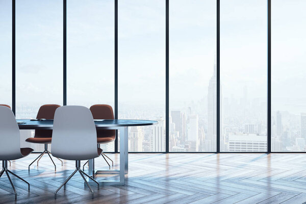 Luxury meeting interior with city view and wooden floor. Business and success concept. 3D Rendering