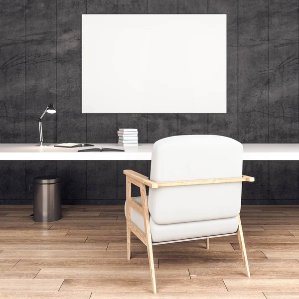 Office desk with books, chair and blank poster — 스톡 사진