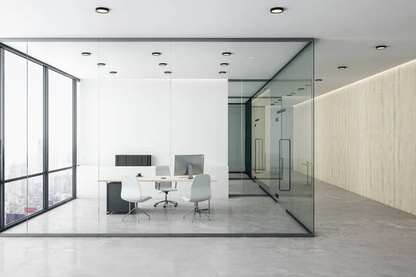 Interior de escritório moderno com parede de madeira em branco — Fotografia de Stock