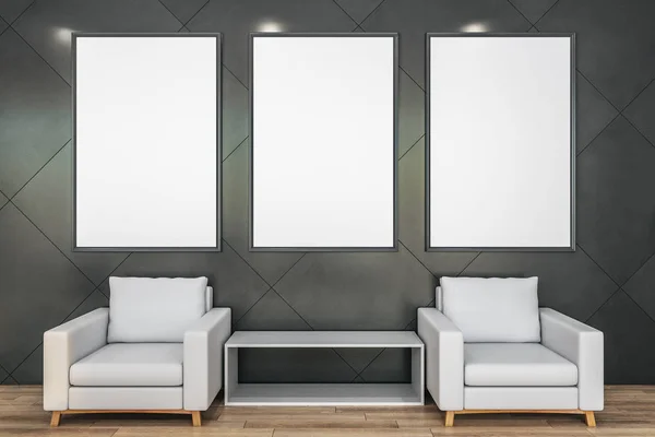 Salon moderne avec trois panneaux d'affichage vierges — Photo
