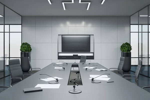 Modern conference interior room with blank plasma — 스톡 사진