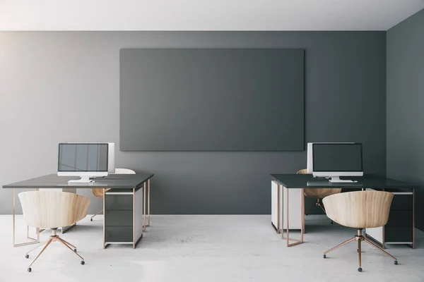 Interior de escritório de coworking minimalista com banner — Fotografia de Stock