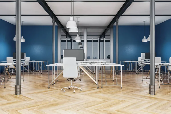 Blauw coworking kantoorinterieur met meubilair — Stockfoto