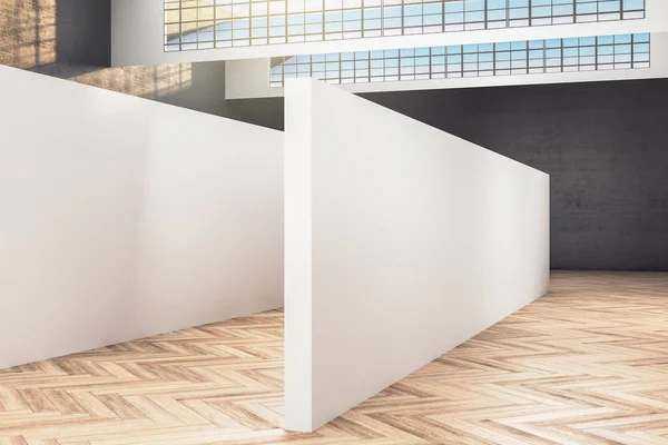 Minimalistic exhibition hall with blank white wall.