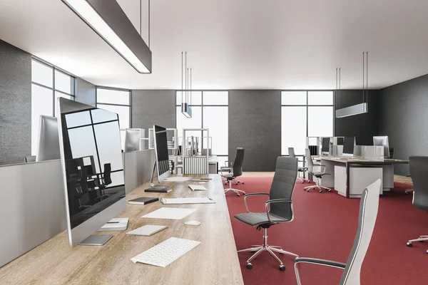 Moderní spolupracující kancelářský interiér s panoramatickým výhledem na město — Stock fotografie