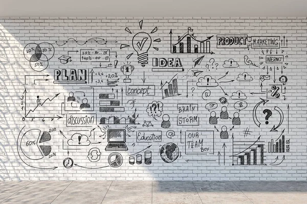 Drawing global business sketch on white brick wall. — 스톡 사진