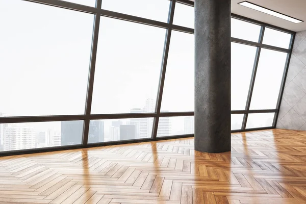 Interno della galleria minimalista con colonna e pavimento in legno — Foto Stock